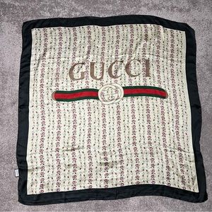Gucci Cream Floral Silk Scarf with Black Border and Red-Green Stripe